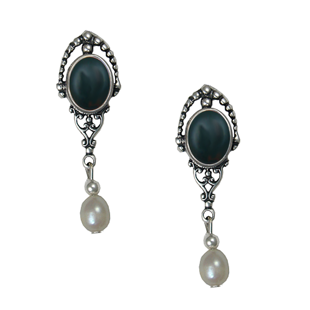 Sterling Silver Cultured Freshwater Pearl Drop Dangle Earrings With Bloodstone